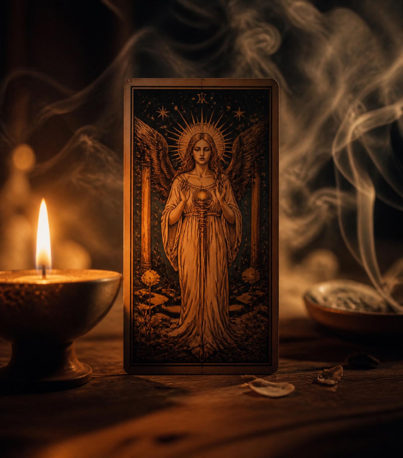 Einzelne Tarotkarte im warmen Kerzenlicht mit aufsteigendem Rauch